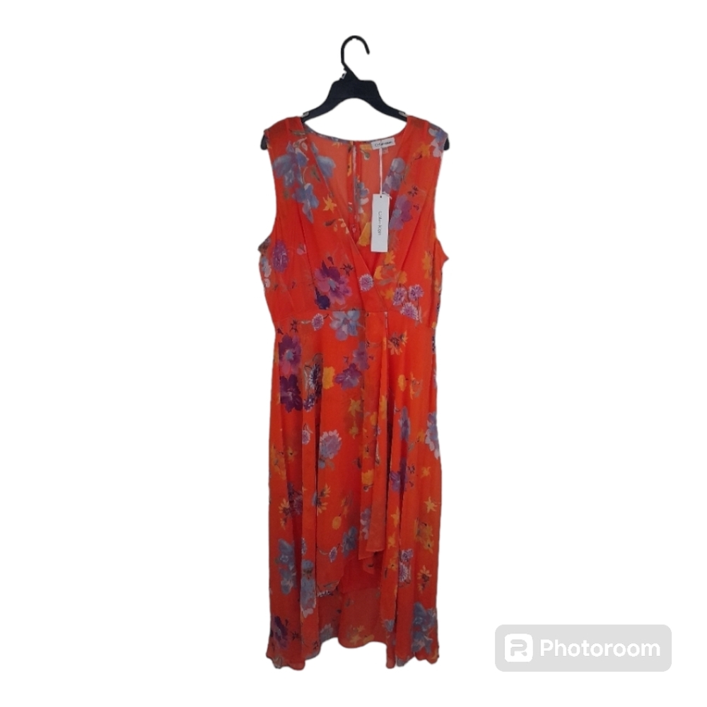 Calvin Klein Dress Midi Floral Sleeveless Summer Casual Orange 16 Plus - Picture 11 of 12